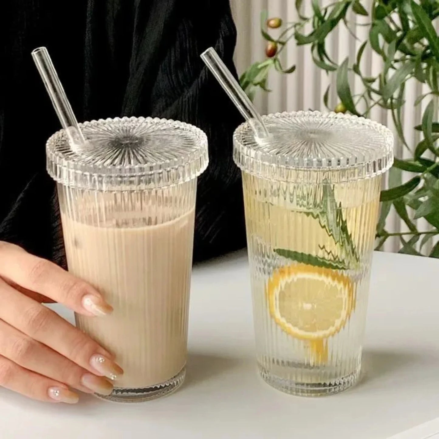 375ML Stripe Glass Cup – With Lid & Straw for Coffee, Tea, Juice & More