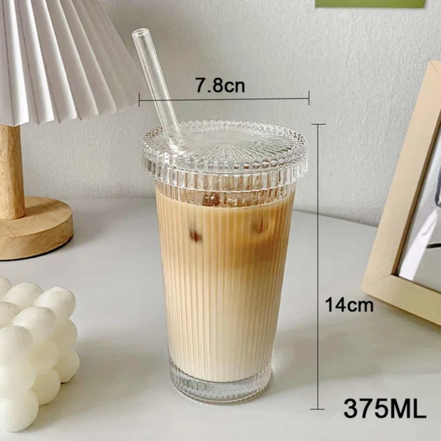 375ML Stripe Glass Cup – With Lid & Straw for Coffee, Tea, Juice & More