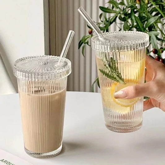 375ML Stripe Glass Cup – With Lid & Straw for Coffee, Tea, Juice & More