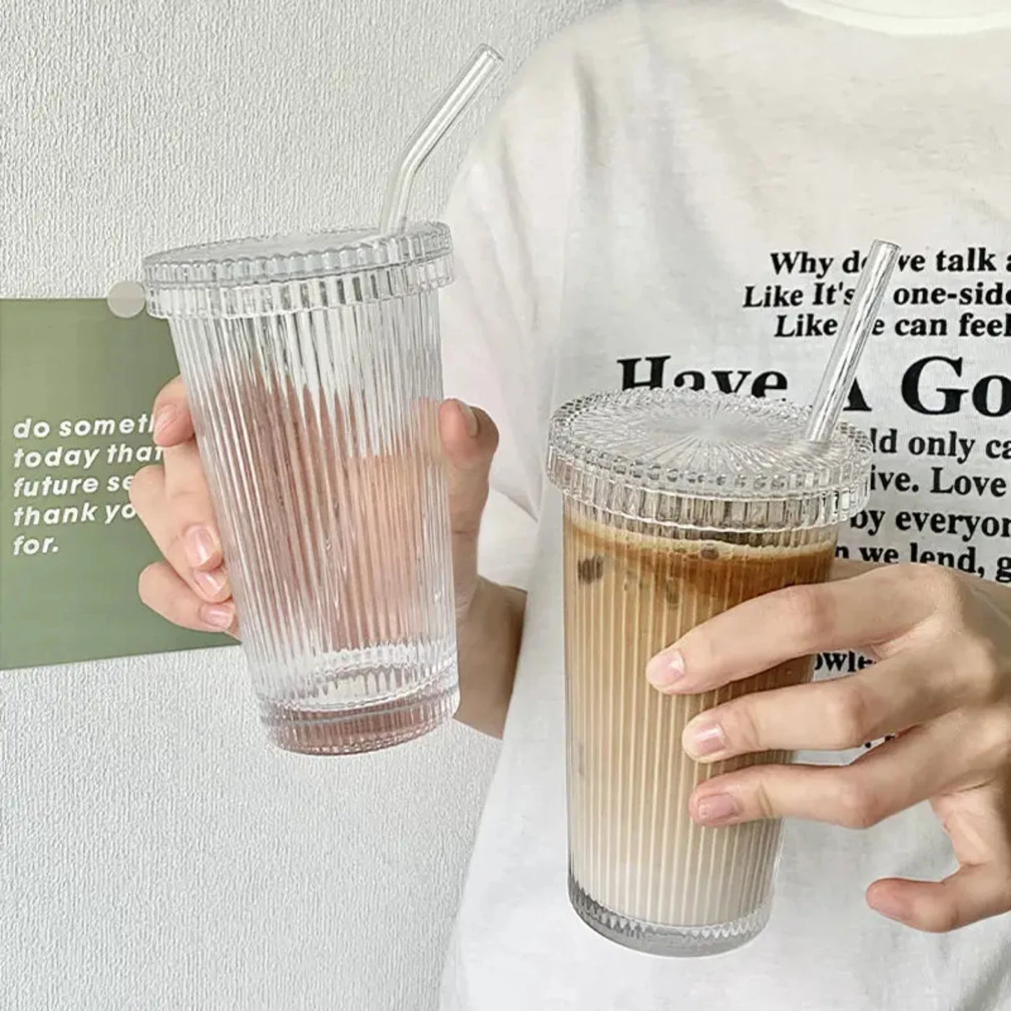 375ML Stripe Glass Cup – With Lid & Straw for Coffee, Tea, Juice & More