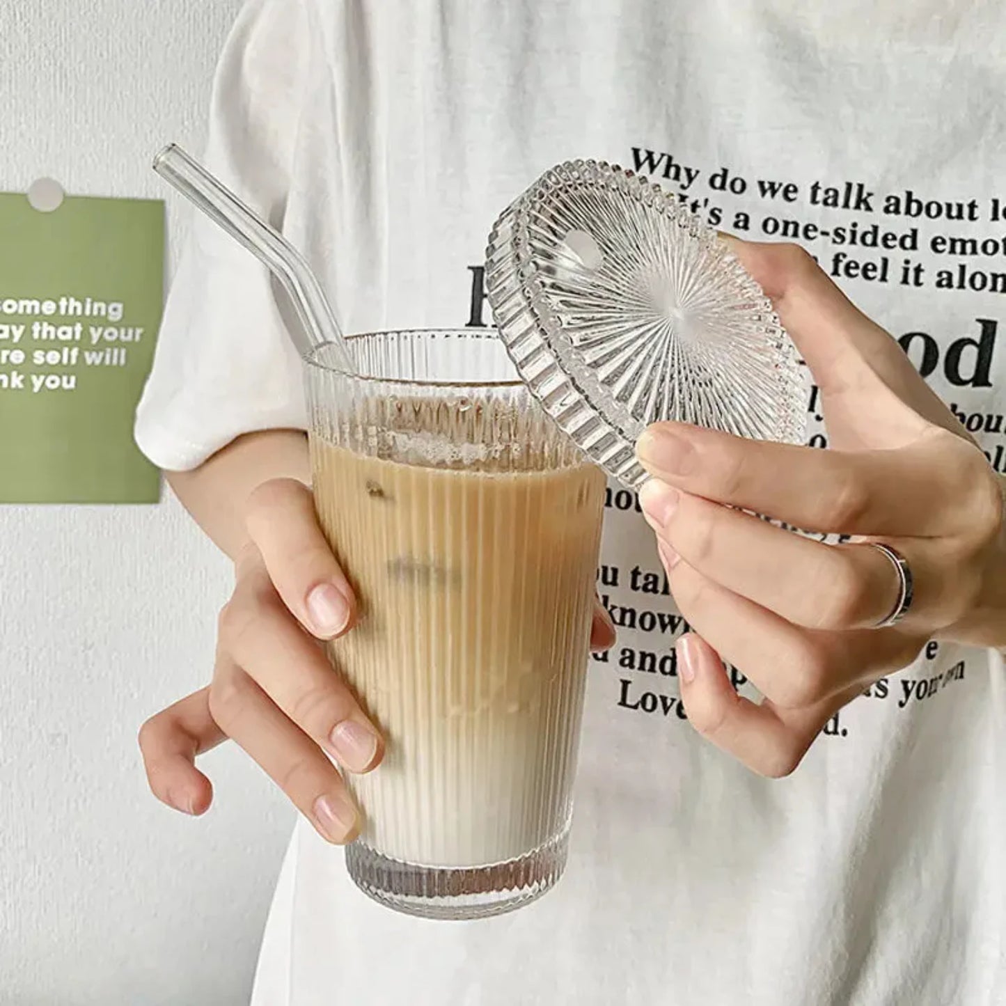 375ML Stripe Glass Cup – With Lid & Straw for Coffee, Tea, Juice & More