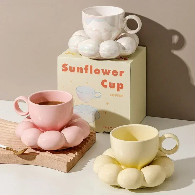 Sunflower Ceramic Mug with Saucer – Aesthetic 6oz Cloud Cup for Tea or Coffee