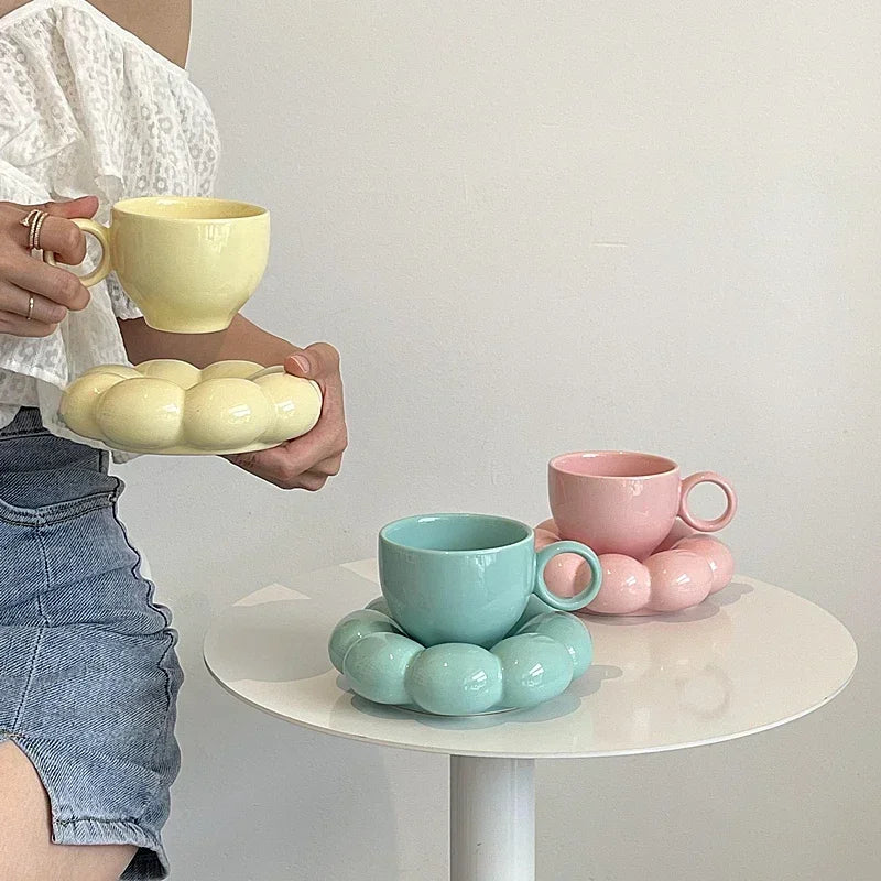 Sunflower Ceramic Mug with Saucer – Aesthetic 6oz Cloud Cup for Tea or Coffee