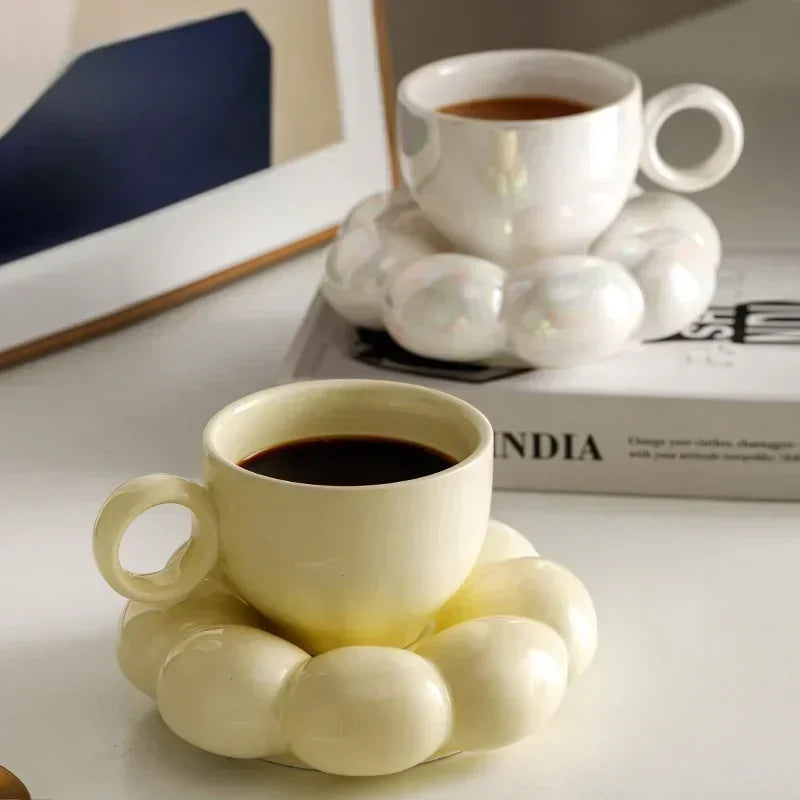 Sunflower Ceramic Mug with Saucer – Aesthetic 6oz Cloud Cup for Tea or Coffee