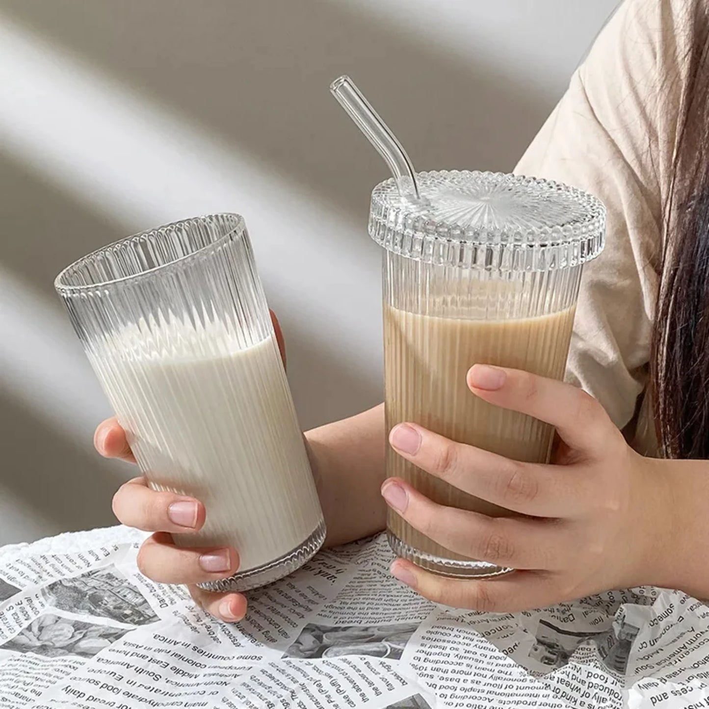 375ML Stripe Glass Cup – With Lid & Straw for Coffee, Tea, Juice & More