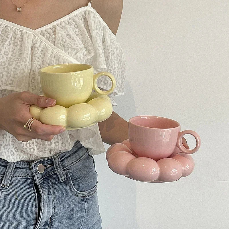 Sunflower Ceramic Mug with Saucer – Aesthetic 6oz Cloud Cup for Tea or Coffee