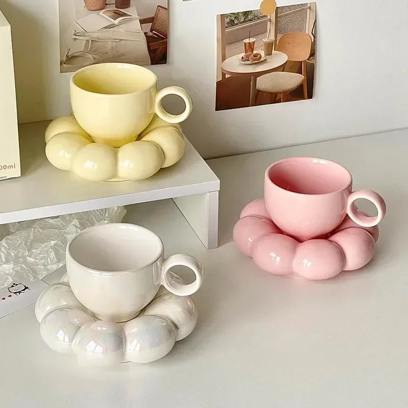 Sunflower Ceramic Mug with Saucer – Aesthetic 6oz Cloud Cup for Tea or Coffee
